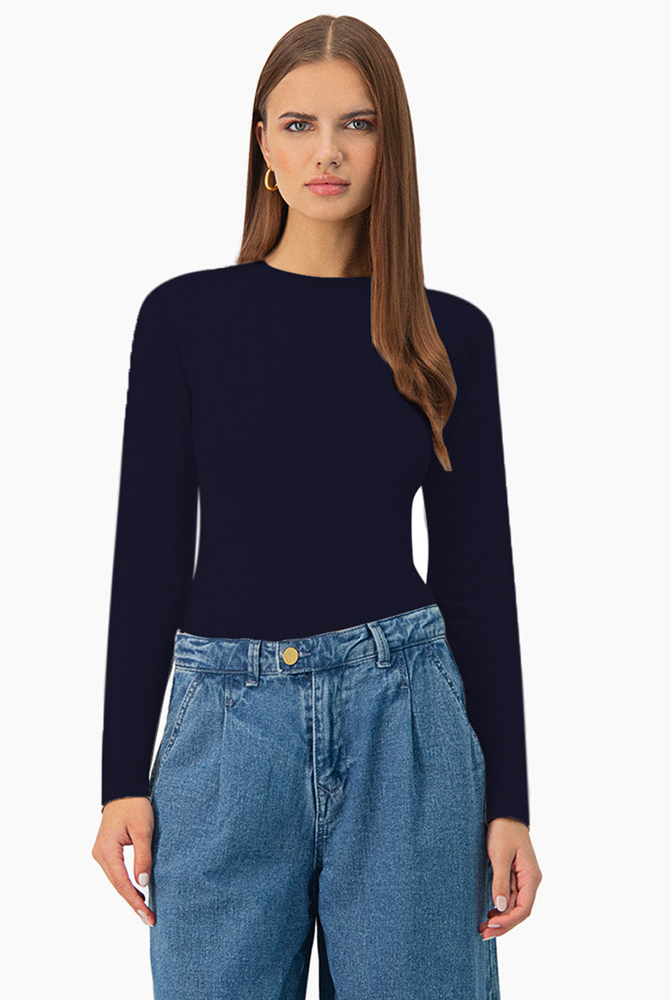 Playera básica azul marino de manga larga y cuello redondo