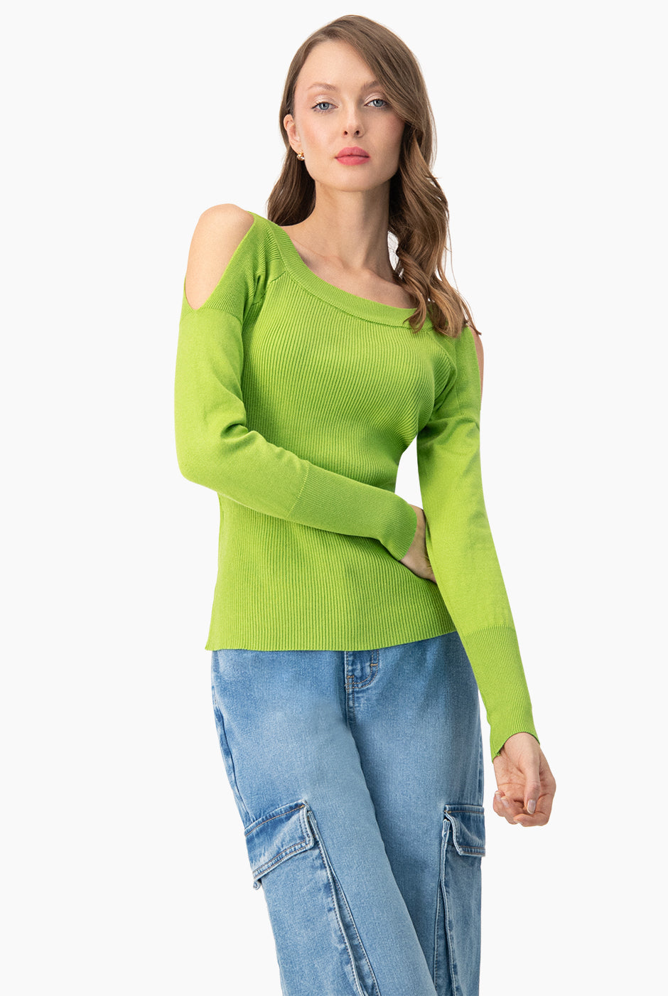 Blusa recta de manga larga y hombro descubierto verde