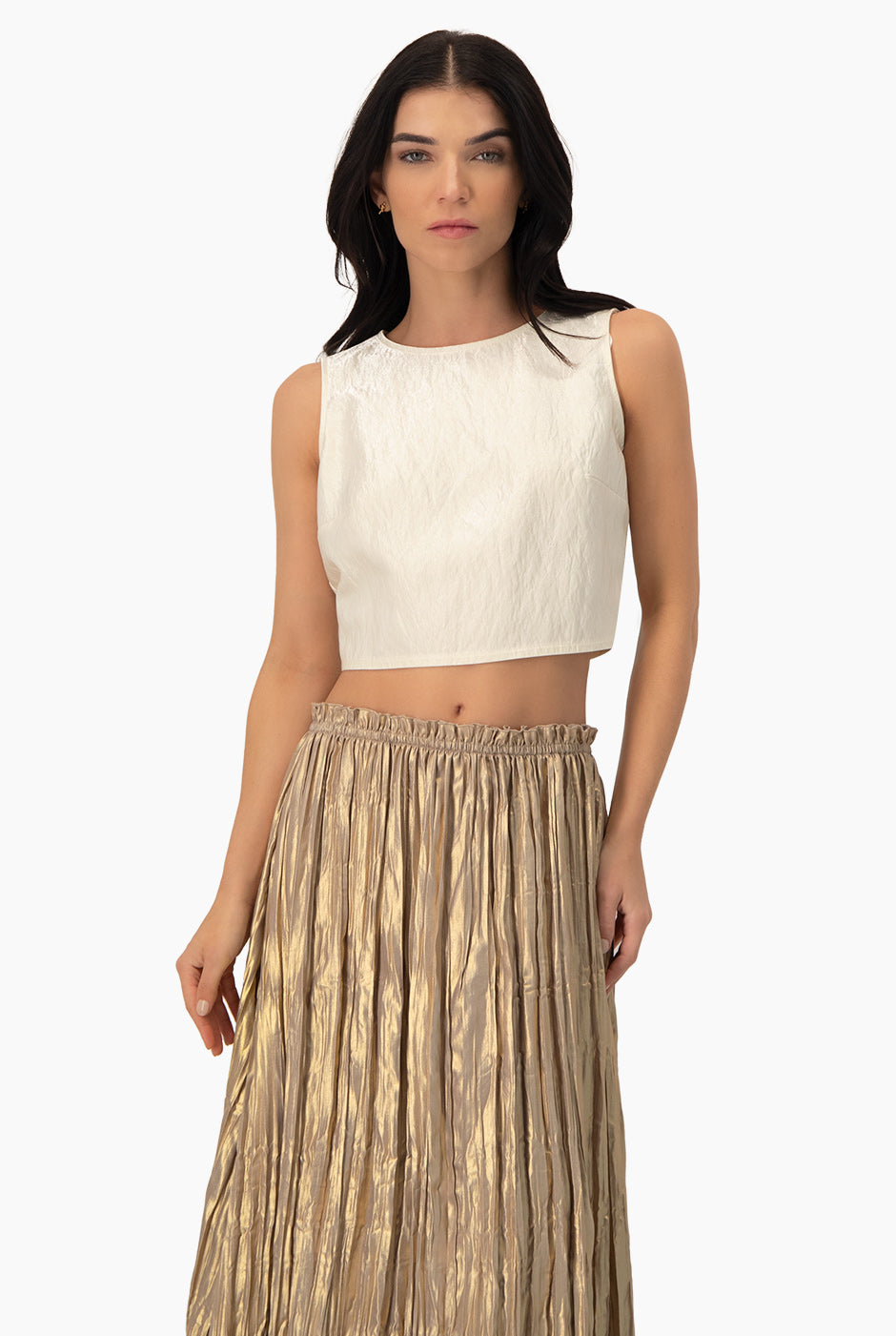 Blusa corta sin mangas color natural con cierre en la espalda