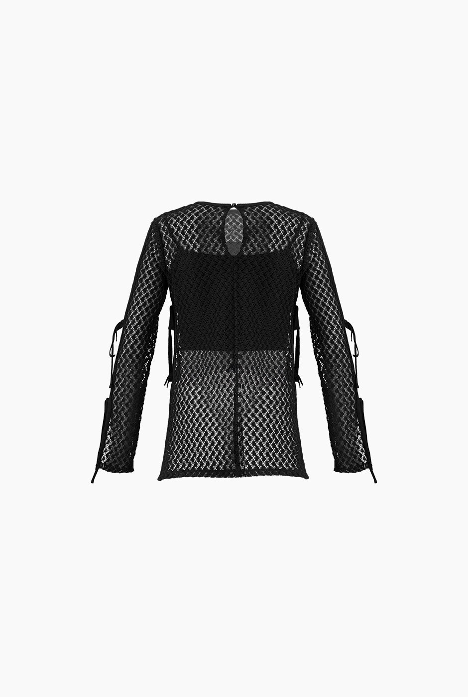 Blusón negro tejido con amarres y encaje elegante