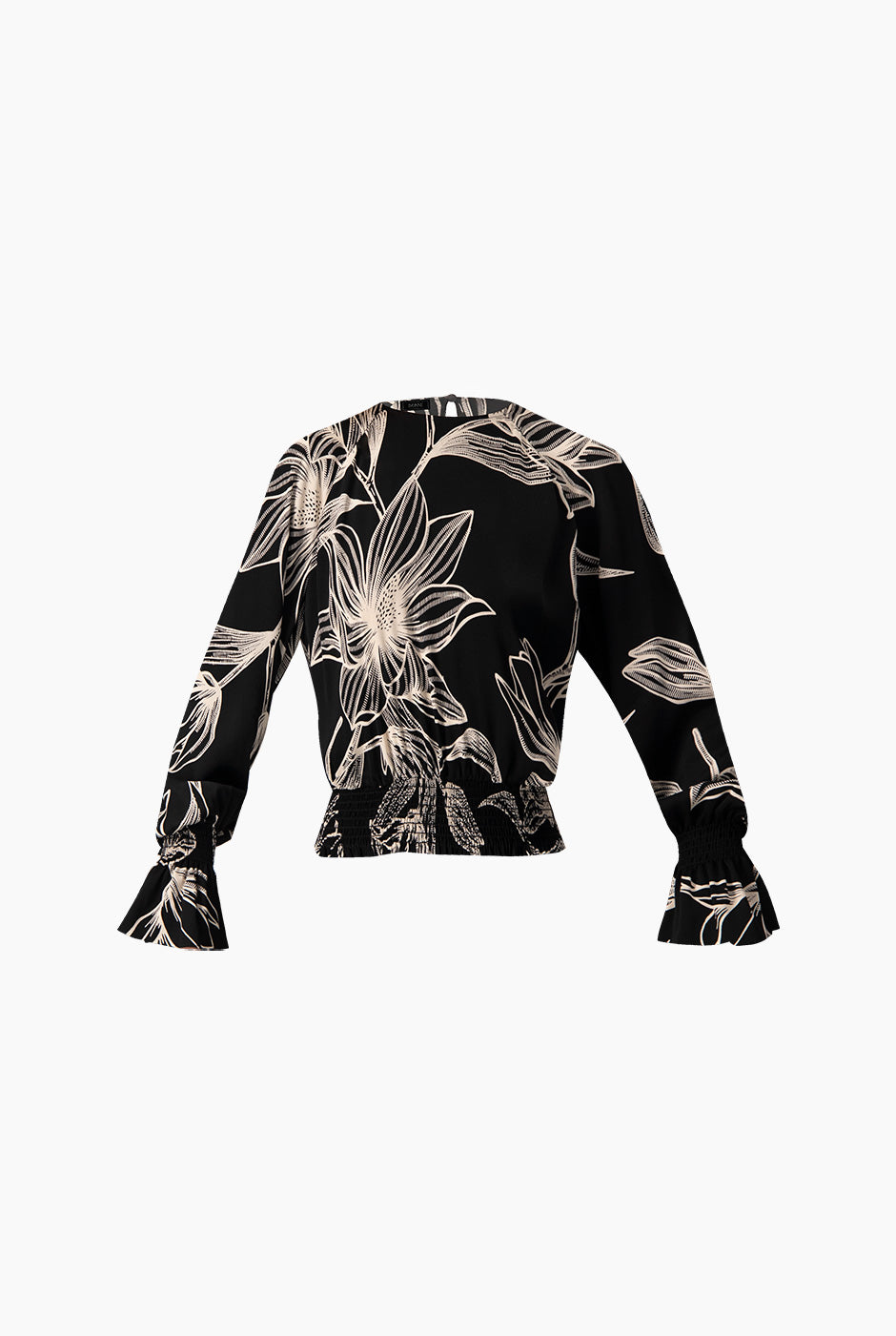 Blusa negra con estampado floral y smock
