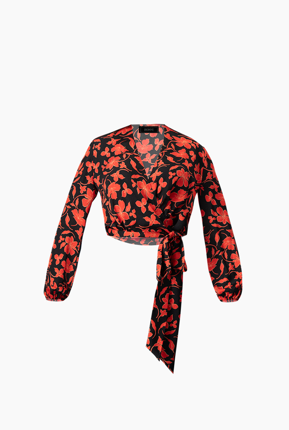 Blusa roja con estampado floral y amarre en la cintura