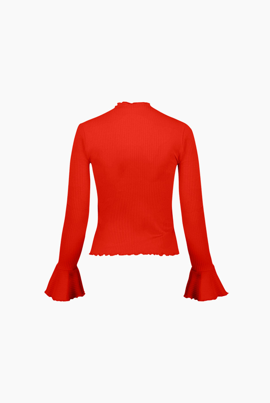 Blusa roja de cuello redondo con escarolas y mangas largas