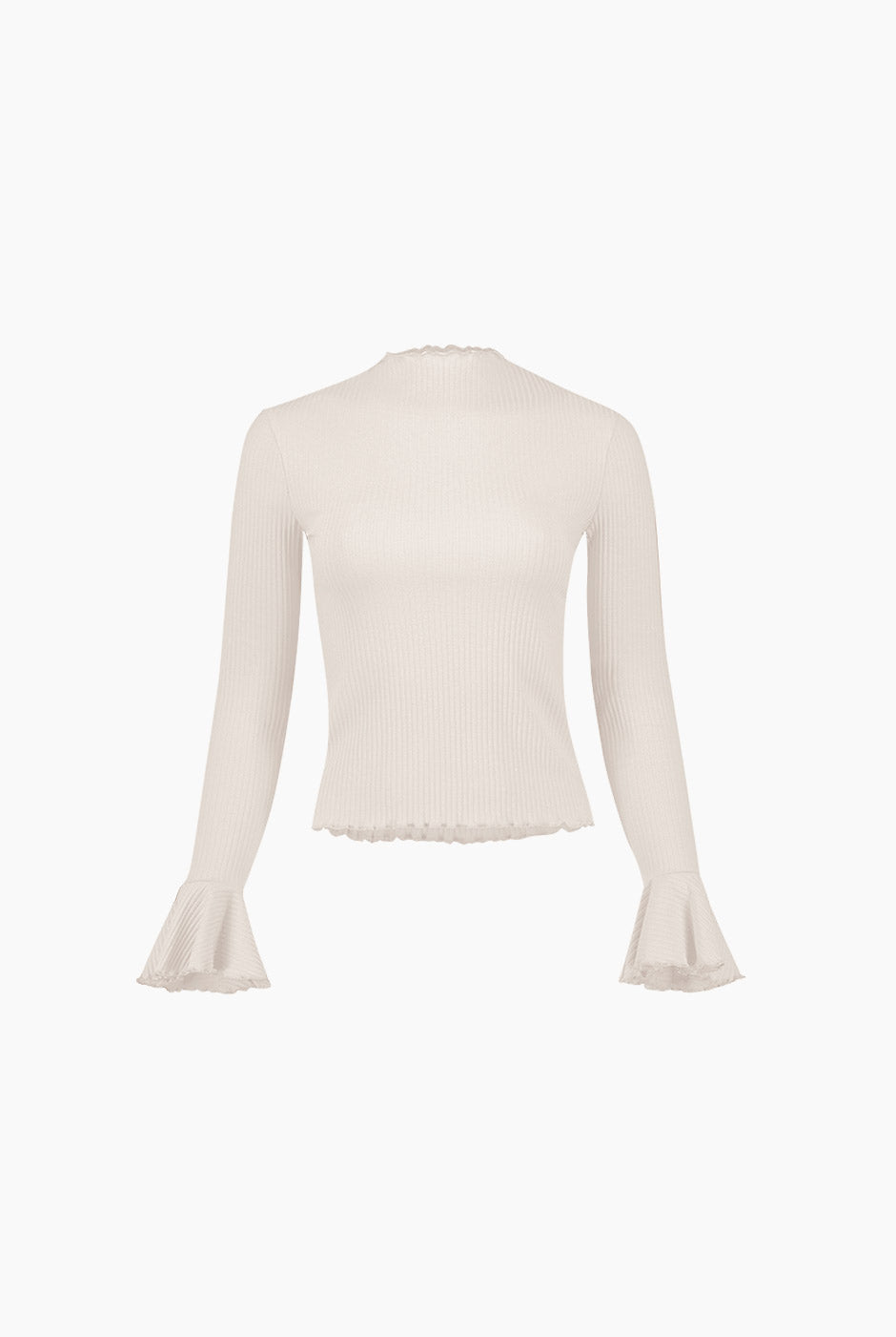 Blusa natural de manga larga con escarolas y cuello redondo