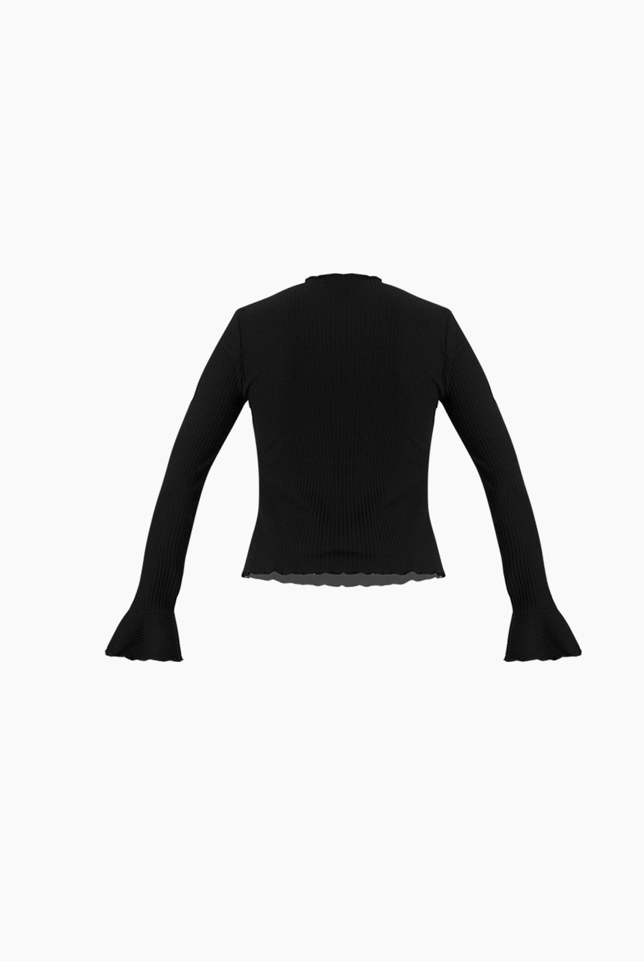 Blusa negra de cuello redondo con escarolas y tejido acanalado