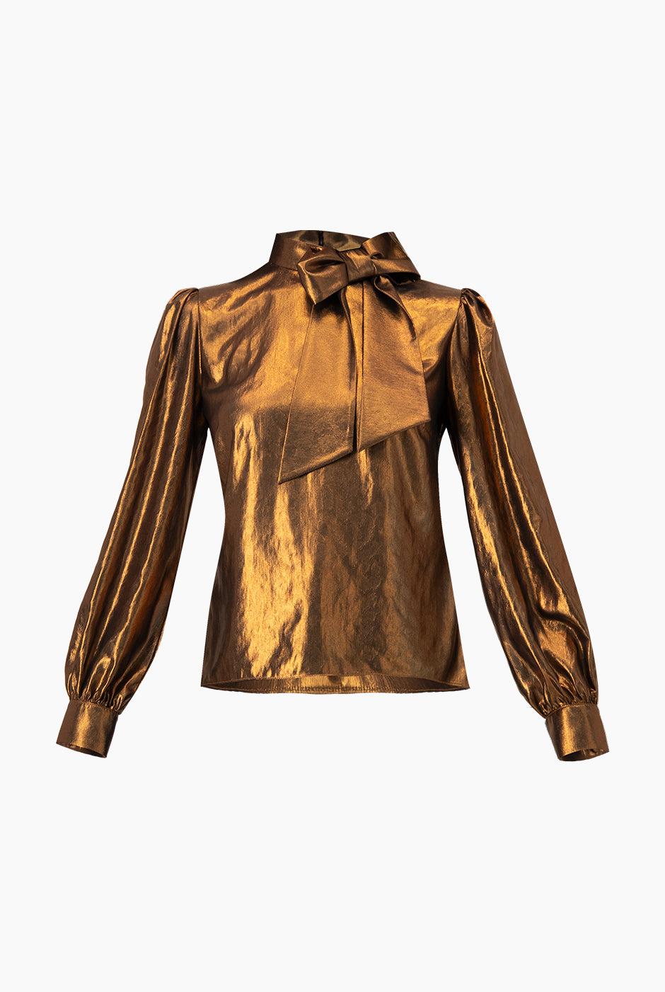 Blusa de cuello alto cobre con cintas y puños con botones