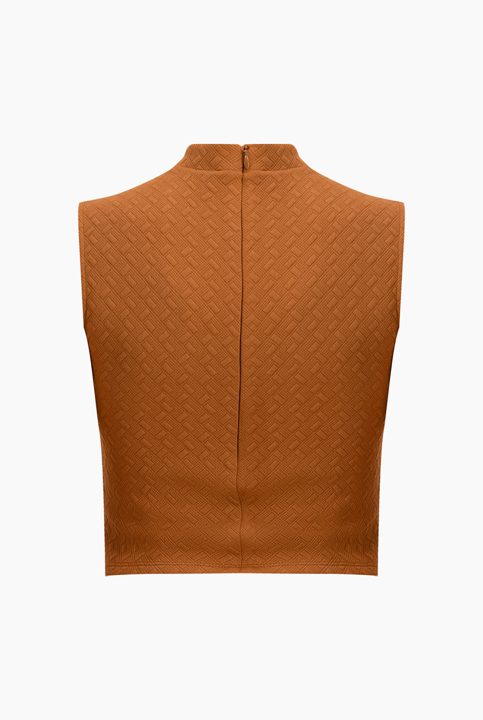 Top corto tejido café sin mangas con textura geométrica