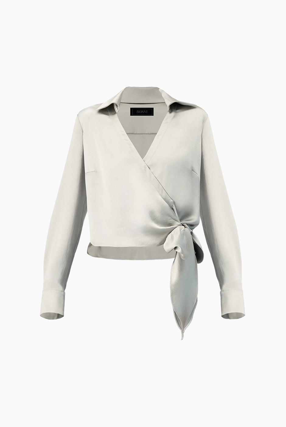 Blusa cruzada gris con escote en V y lazo lateral