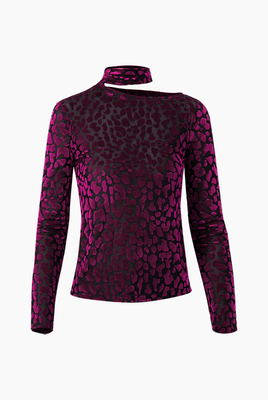 Blusa recta fucsia con estampado animal print y cuello alto