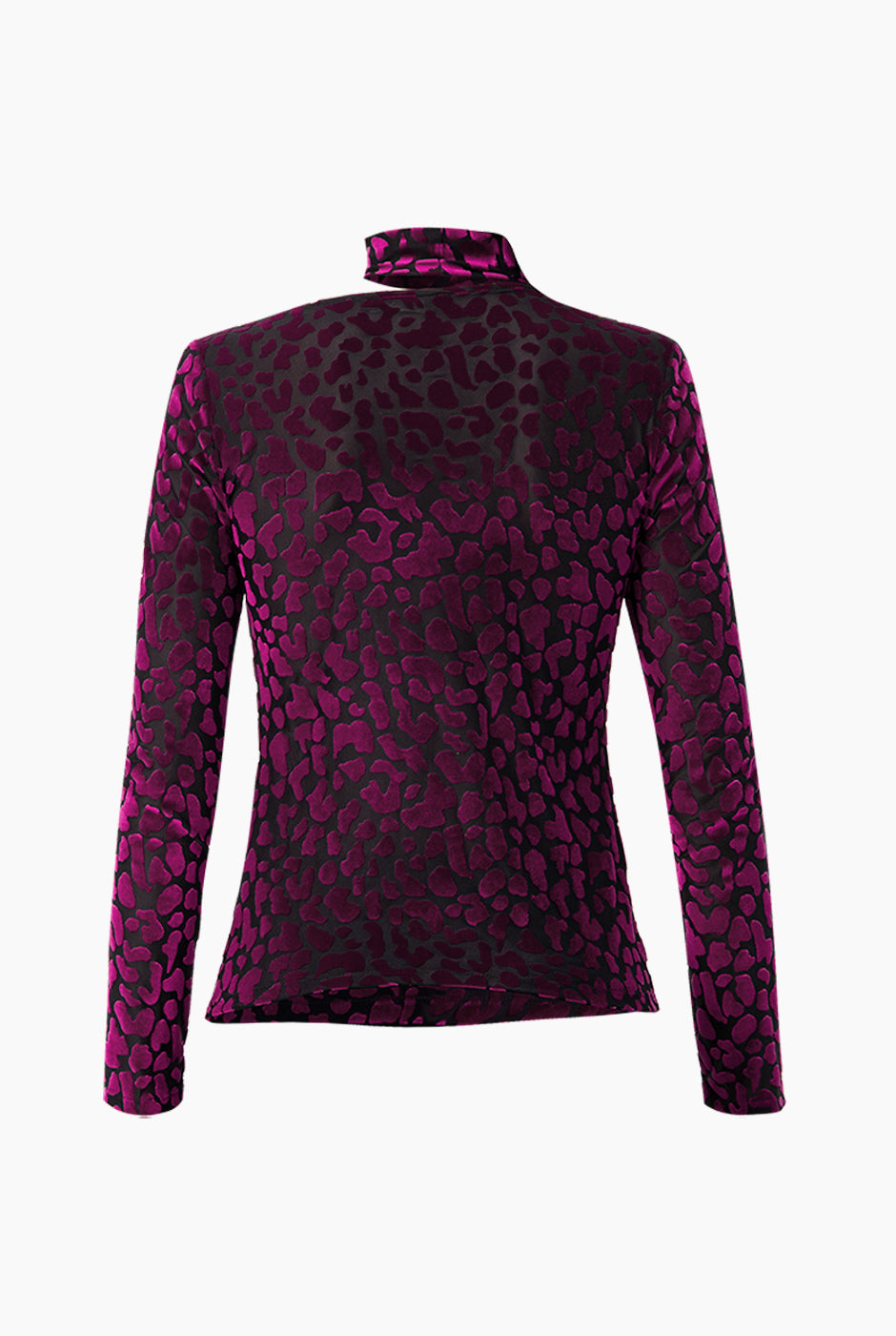 Blusa recta fucsia con estampado animal print y cuello alto