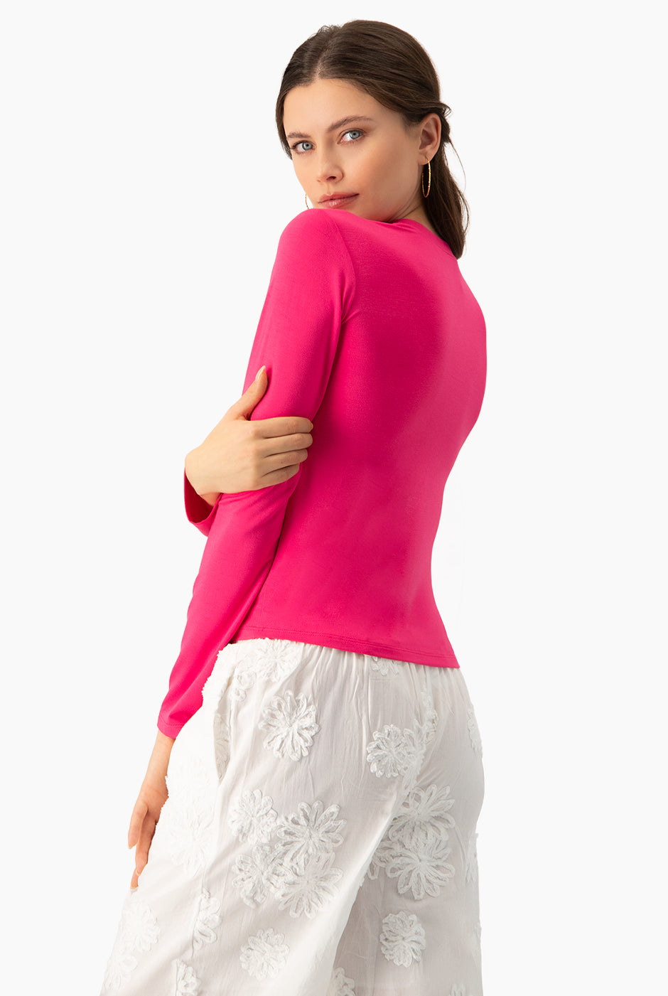 Playera básica lisa fucsia de manga larga
