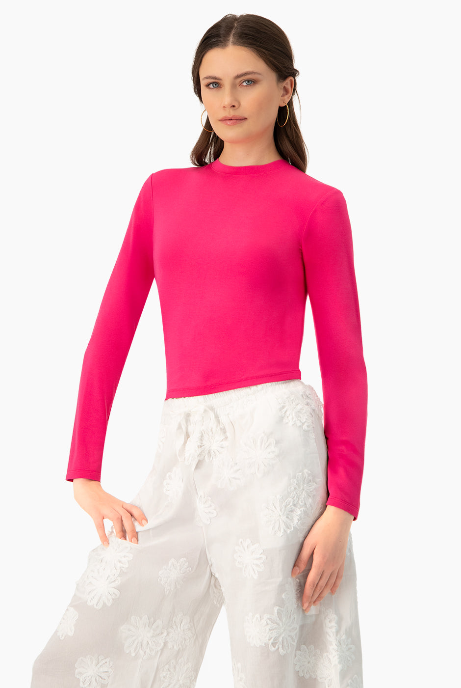 Playera básica lisa fucsia de manga larga