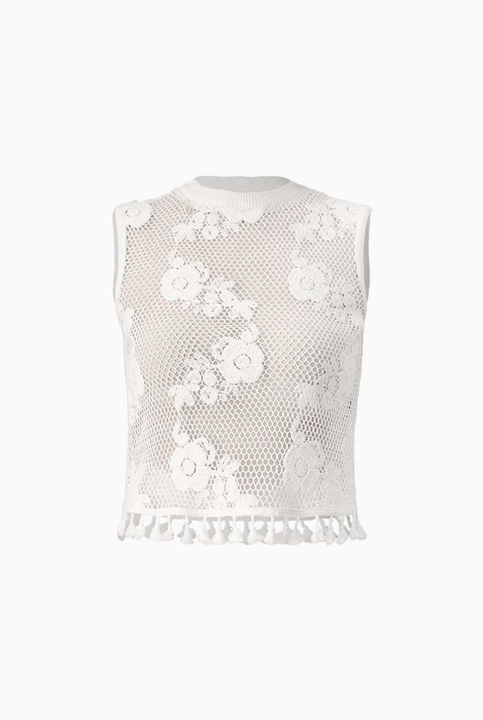 Blusa marfil recta tejida sin mangas con flecos en el bajo