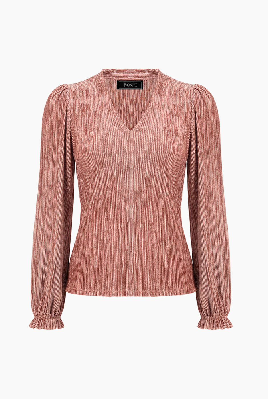 Blusa plisada rosa obscuro con escote en V y mangas largas