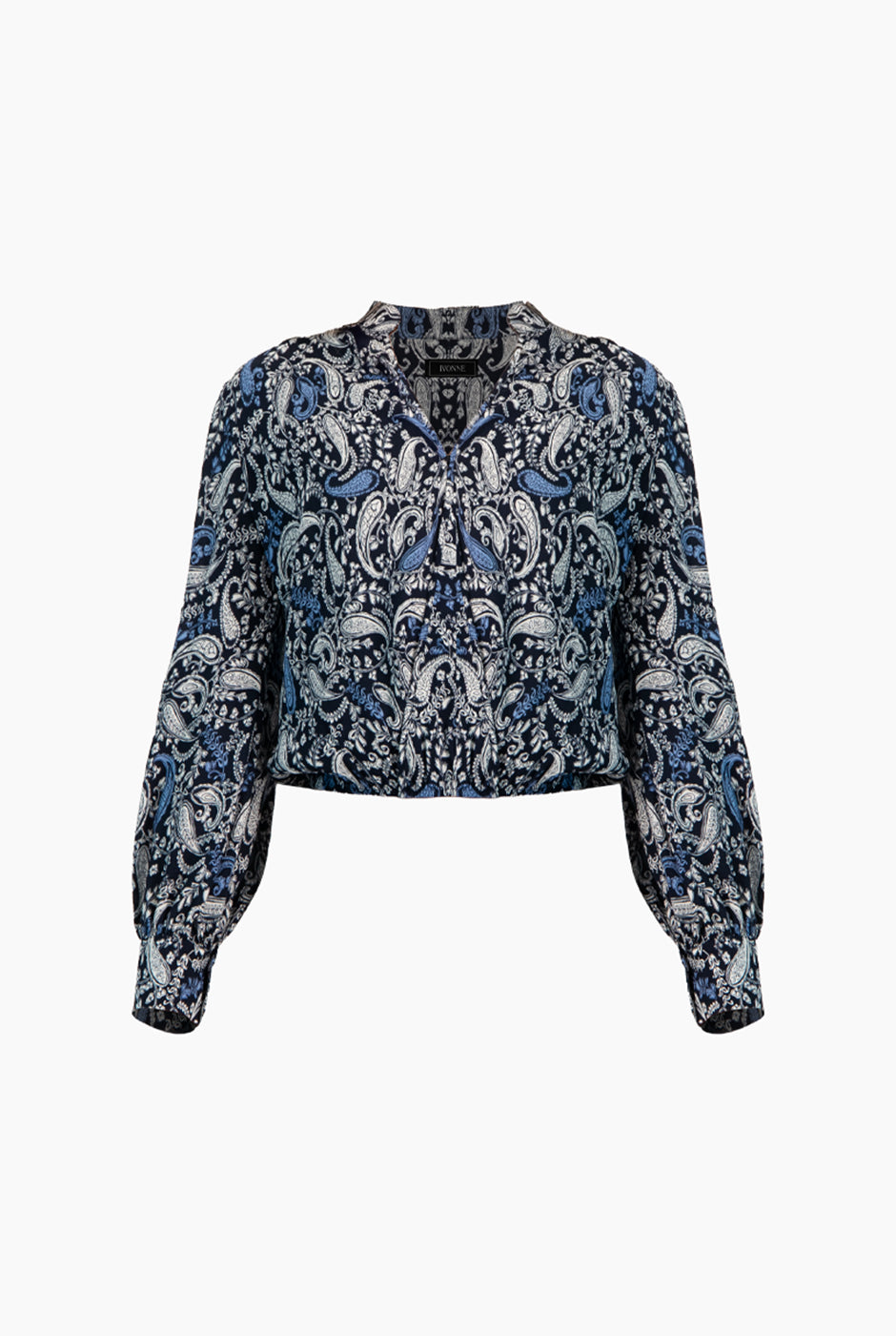 Blusa azul marino con estampado paisley y escote en V