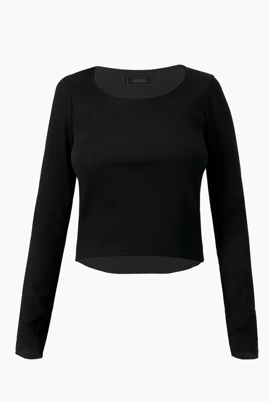 Top corto negro de manga larga y escote redondo, estilo casual.