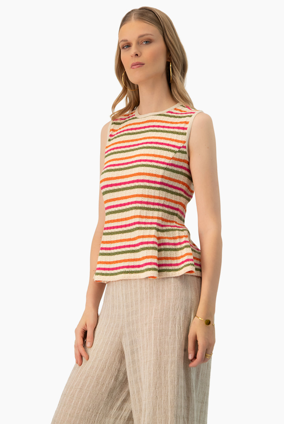 Blusa peplum multicolor sin mangas con rayas horizontales