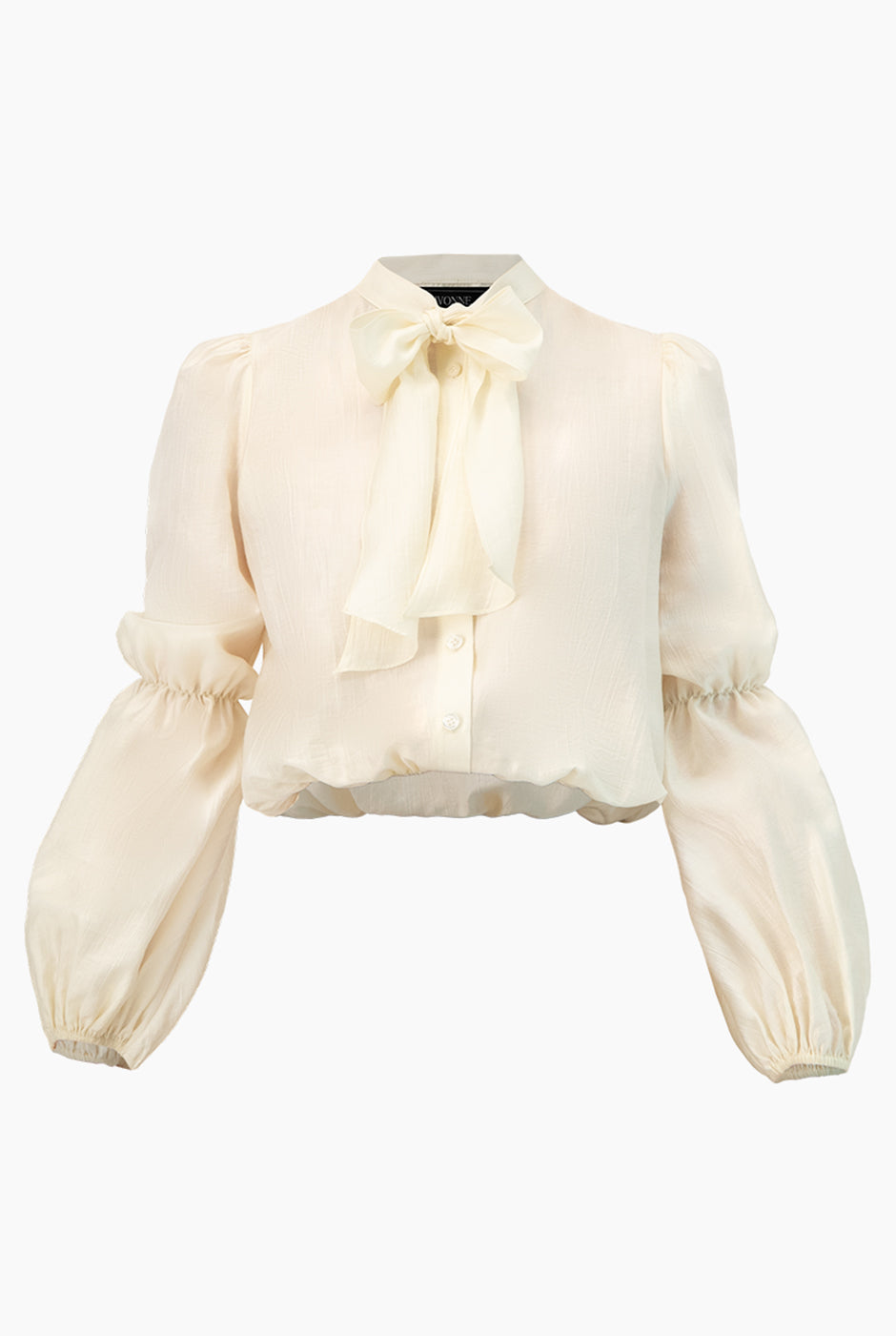 Blusa marfil con cinta en cuello y mangas largas