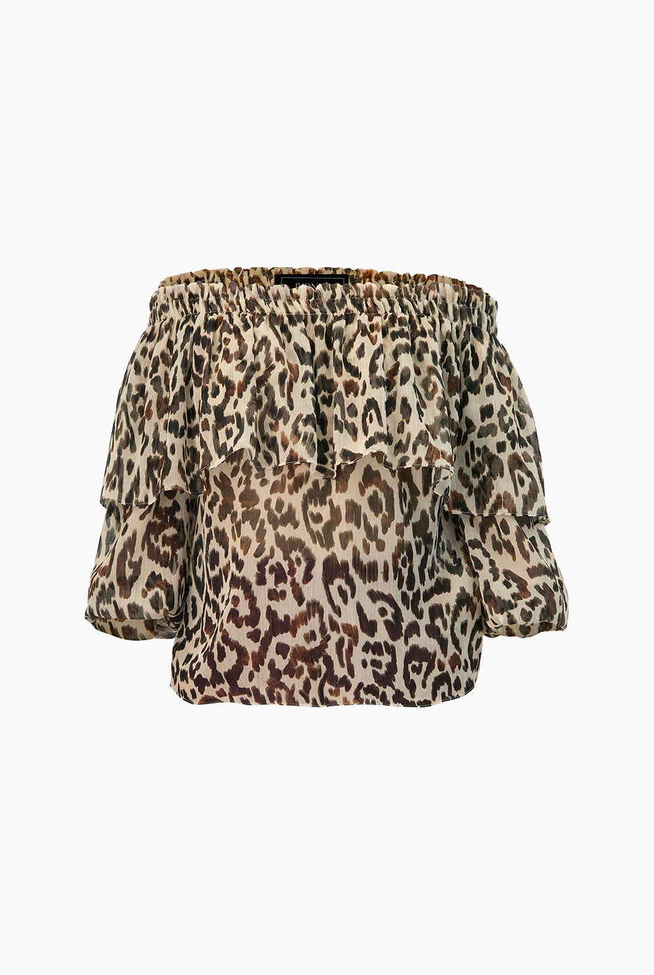 Blusa escote bardot café con estampado animal y mangas 3/4