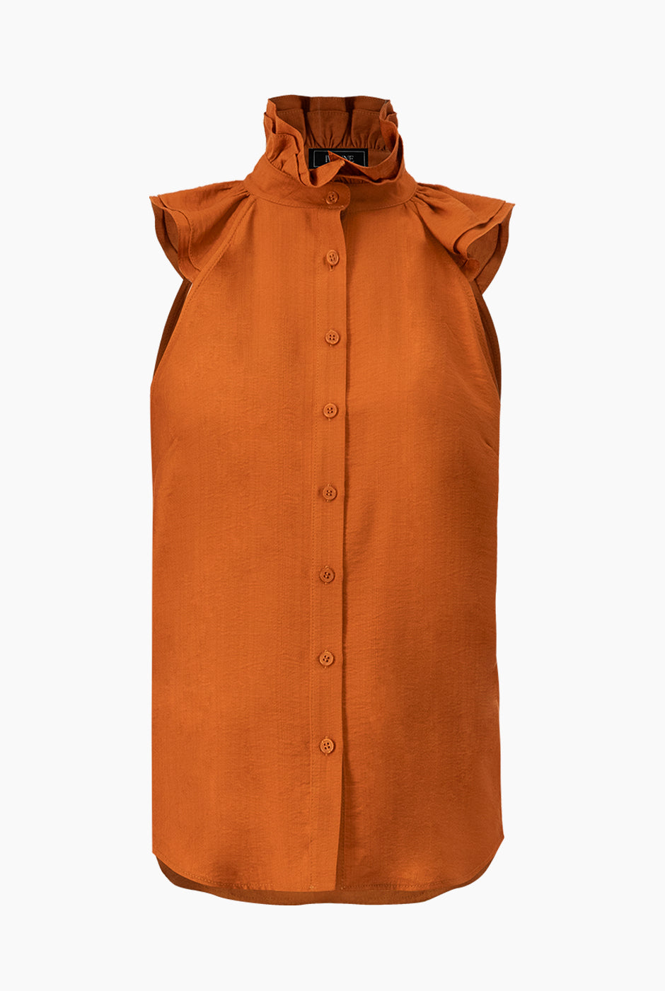 Blusa café sin mangas con cuello alto y botones