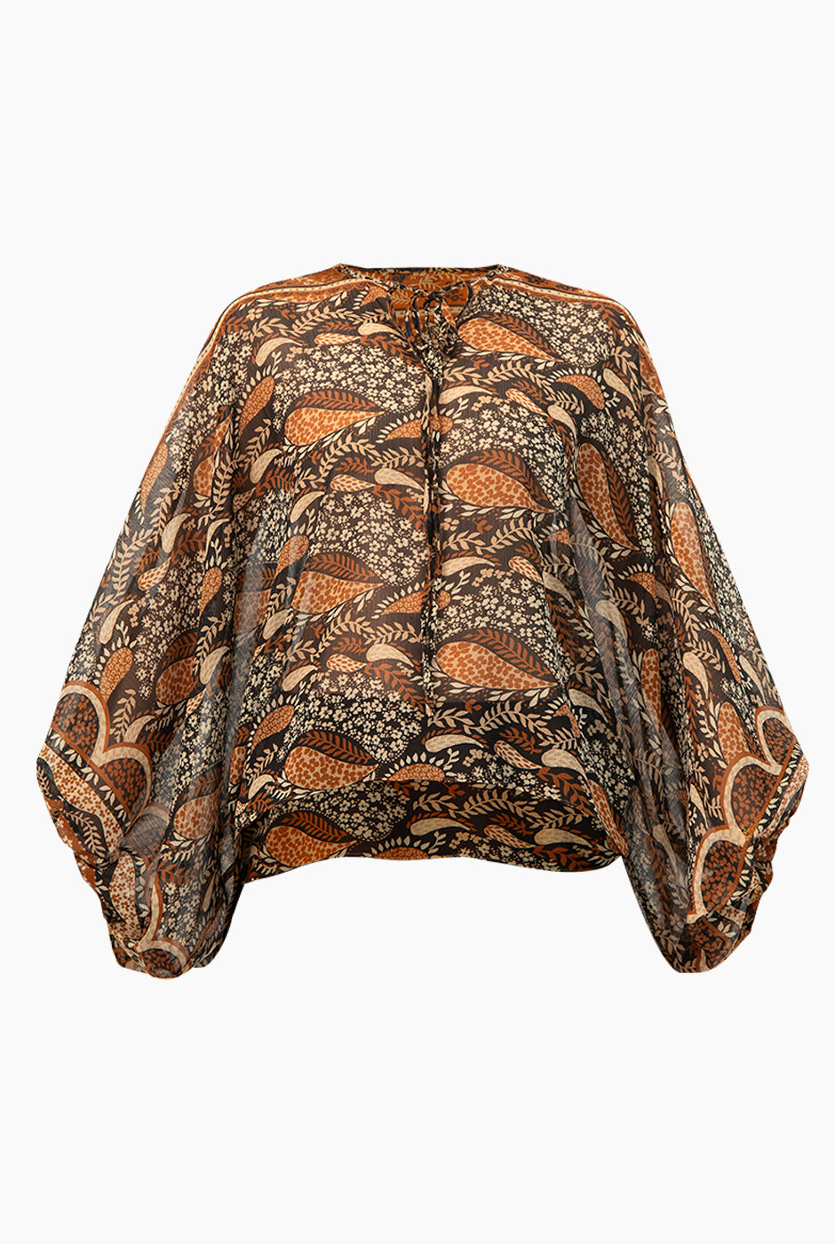 Blusa estampada café con cintas en cuello y mangas murciélago.