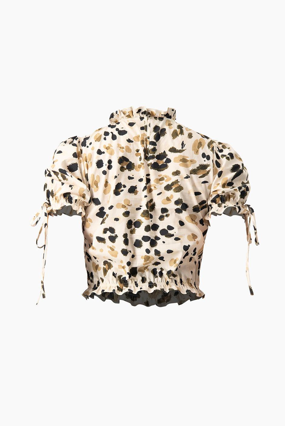 Blusa estampada verde olivo con cuello alto y lazos