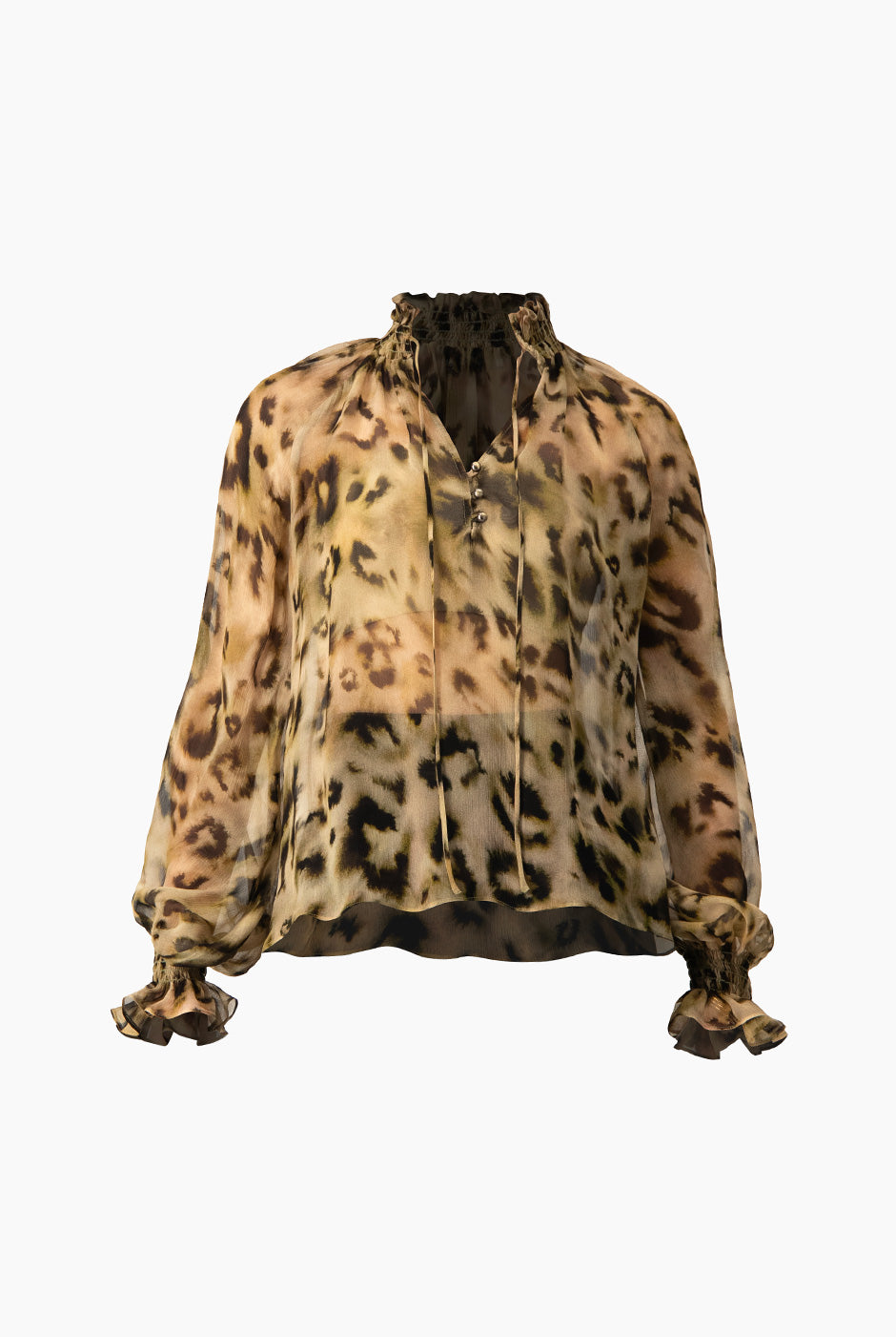 Blusa verde olivo con estampado animal print, cuello alto y mangas largas