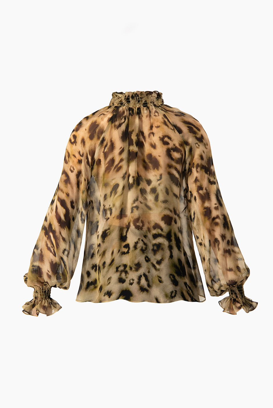 Blusa verde olivo con estampado animal print, cuello alto y mangas largas