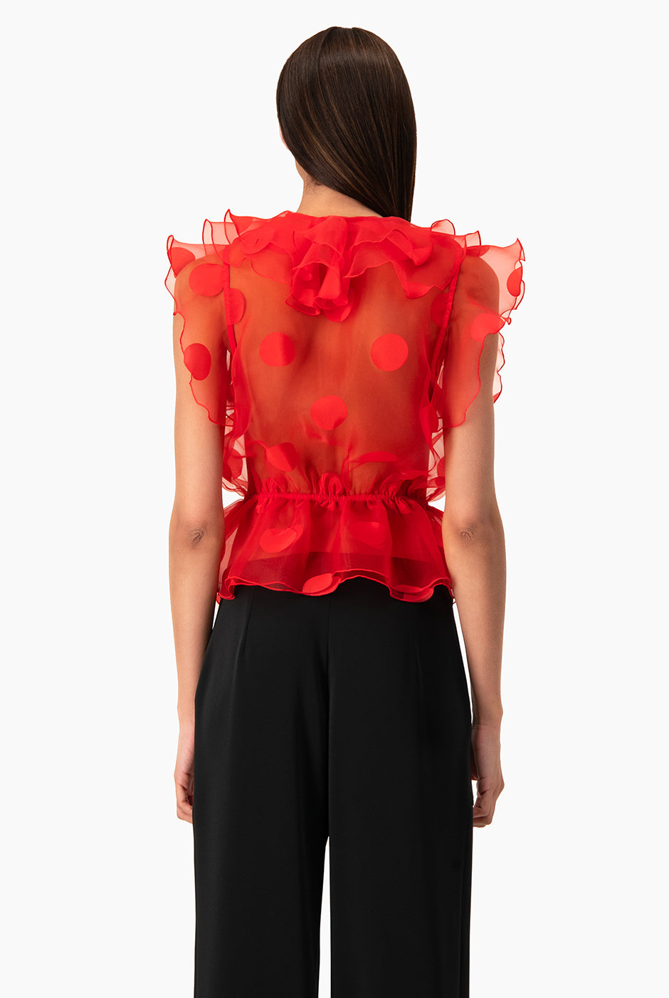 Blusa roja de escote en V sin mangas con volantes
