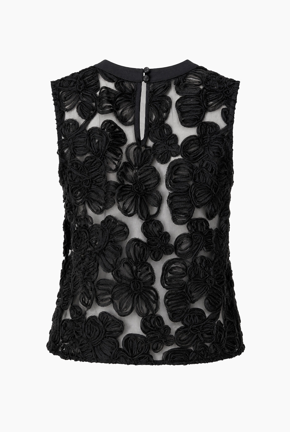 Blusa Ivonne negra con transparencias y aplicaciones florales