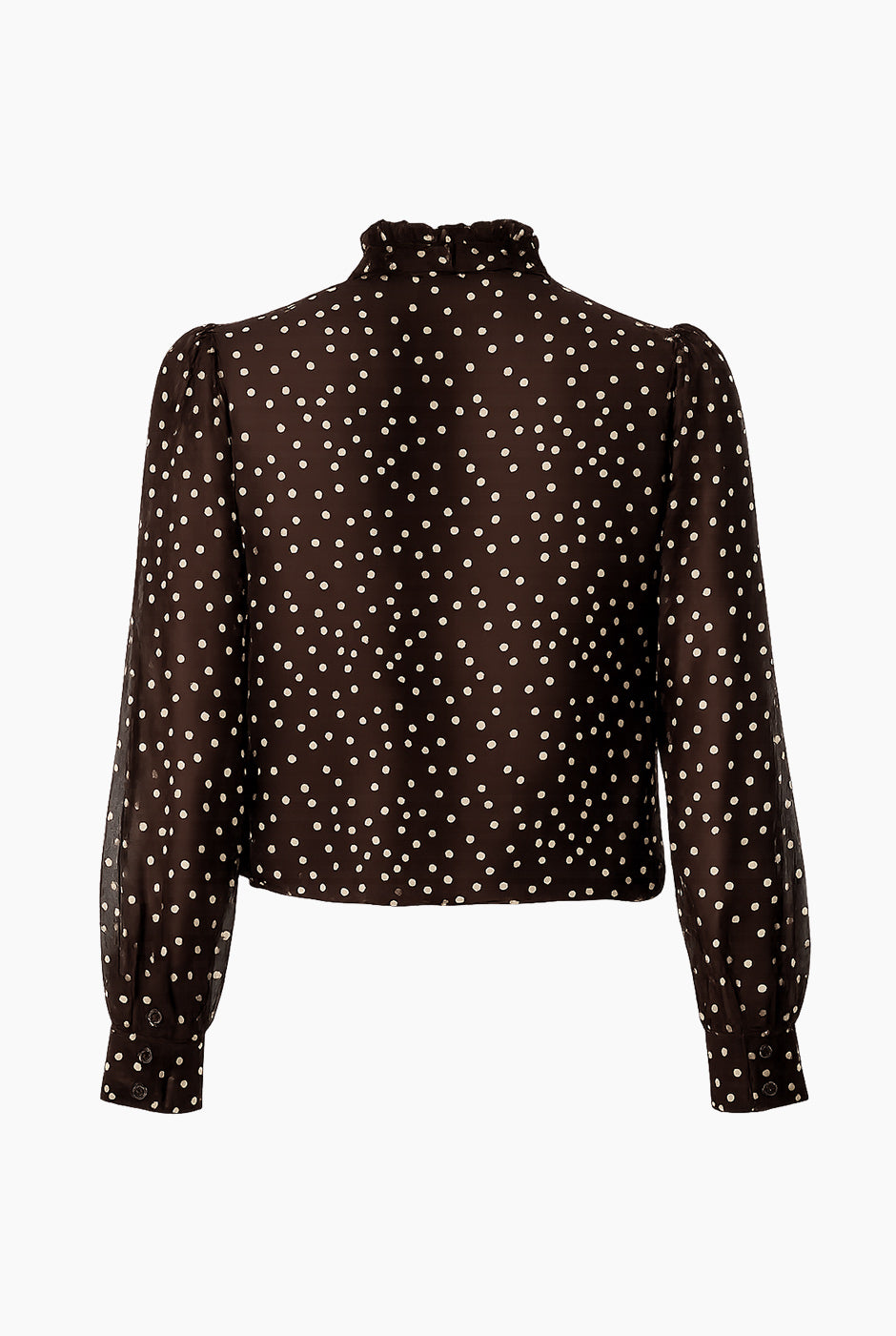 Blusa Ivonne color café con estampado de lunares y volantes