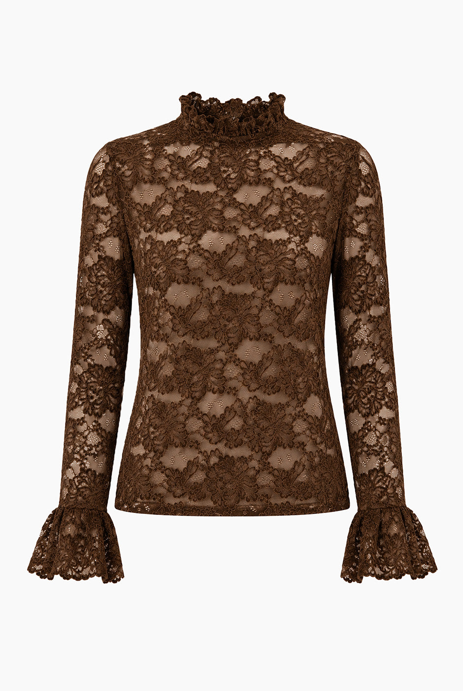 Blusa Ivonne café con encaje floral y puños volantes