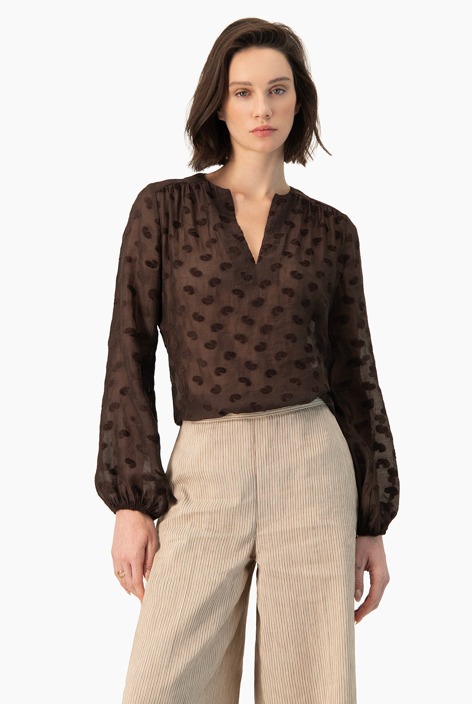 Blusa Ivonne café con estampado de puntos y escote en V