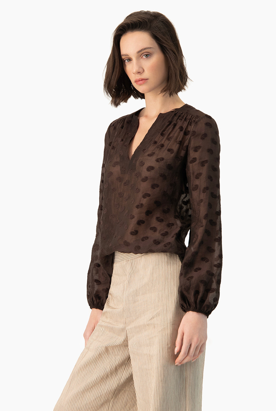 Blusa Ivonne café con estampado de puntos y escote en V