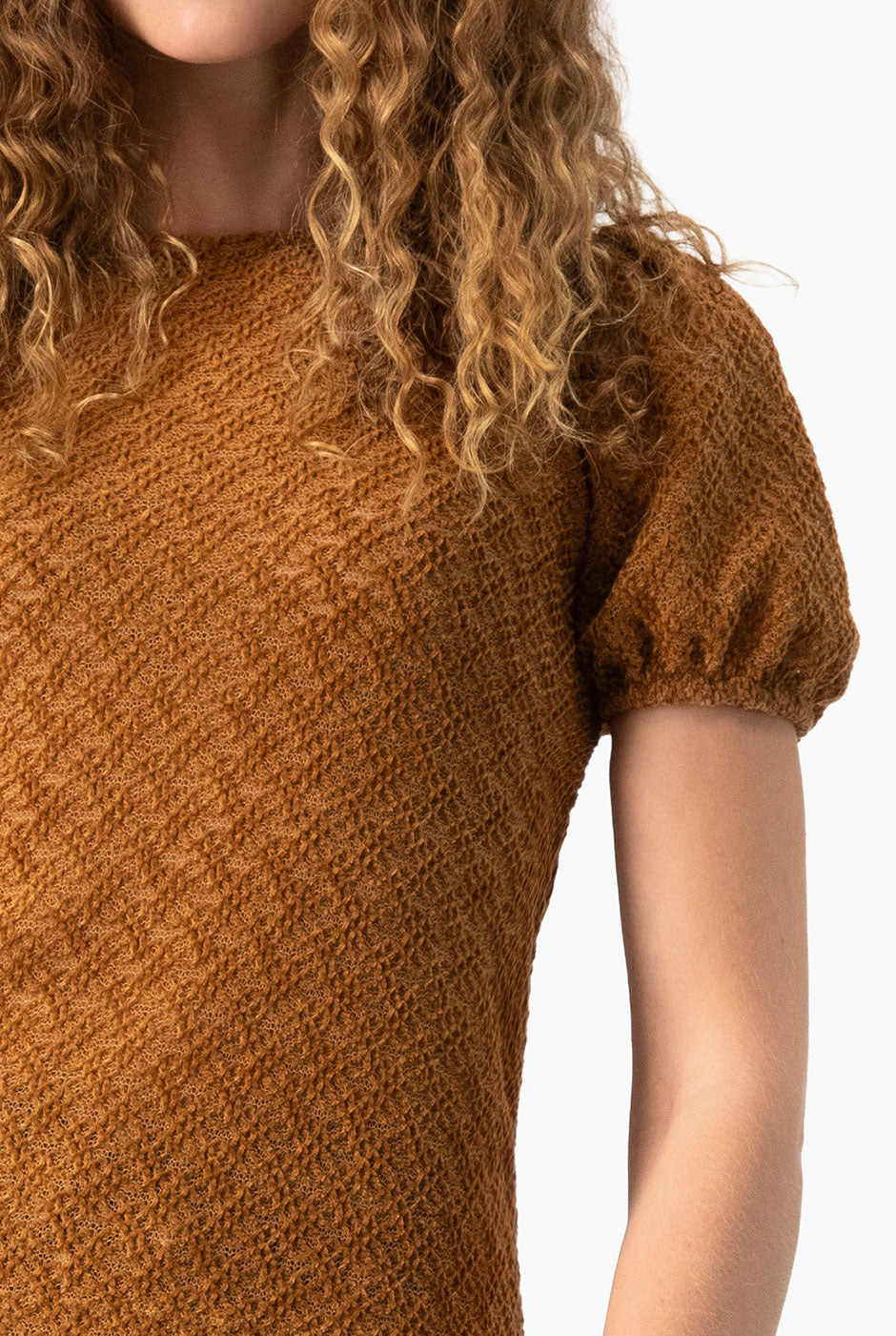 Blusa Ivonne tejida café con manga corta y cuello redondo