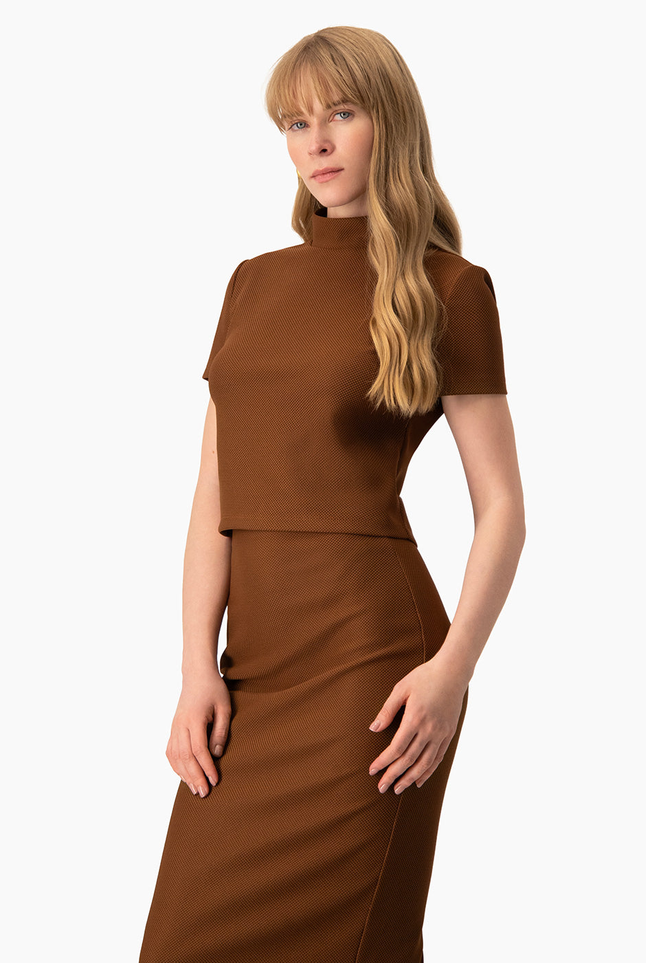Top Ivonne corto café claro con cuello alto y mangas cortas