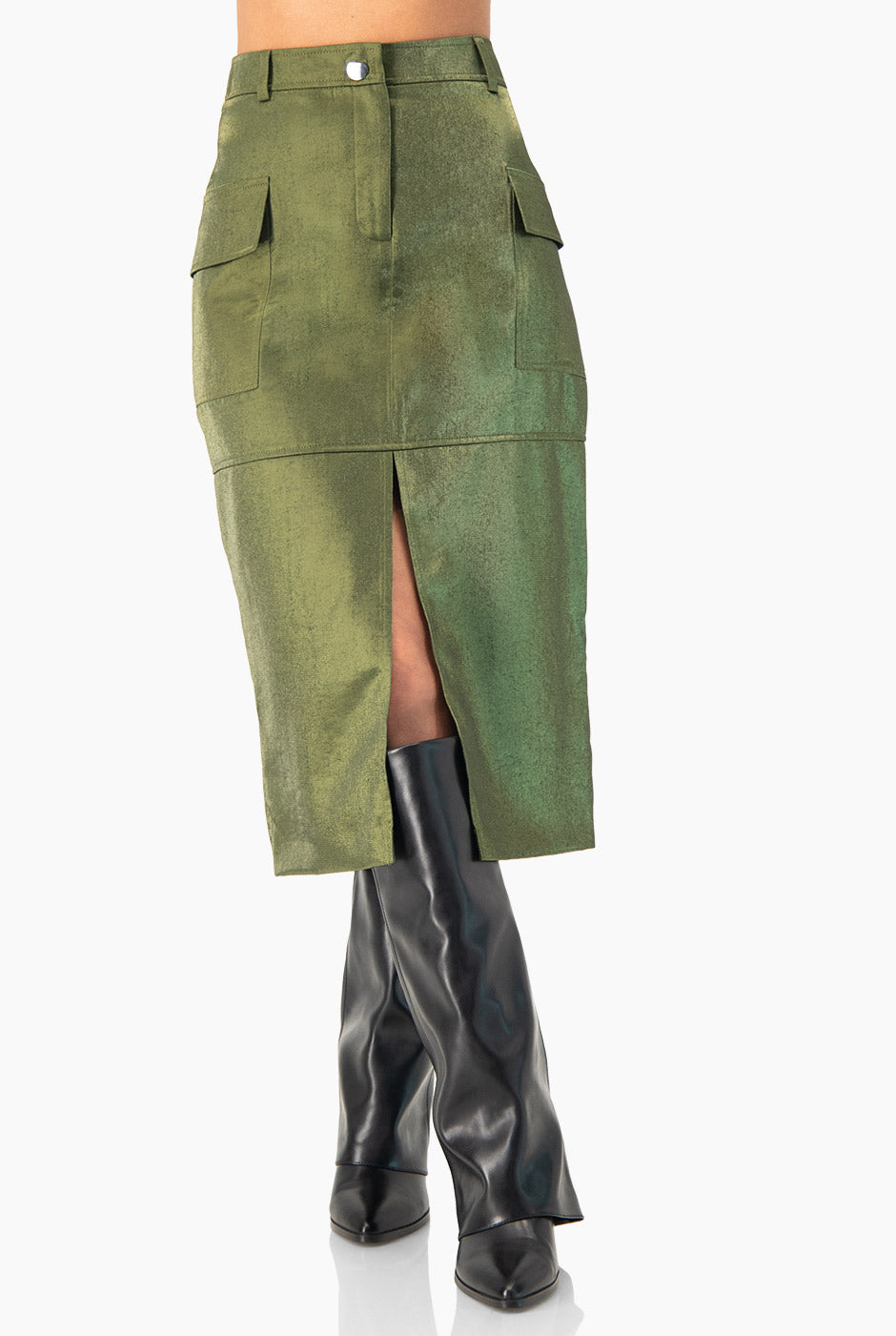 Falda midi verde olivo con abertura frontal y bolsillos