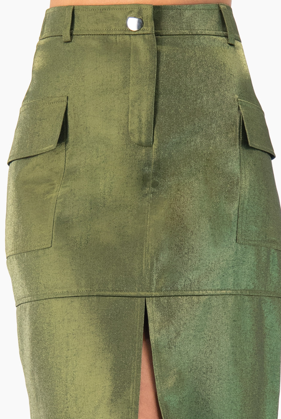 Falda midi verde olivo con abertura frontal y bolsillos