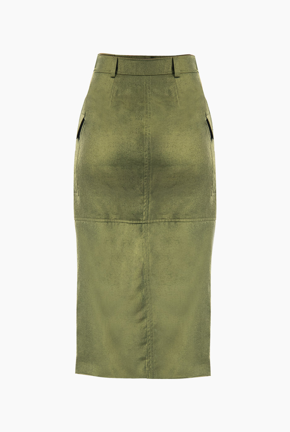 Falda midi verde olivo con abertura frontal y bolsillos