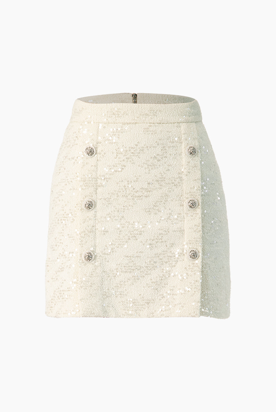 Falda corta marfil con botones y lentejuelas, vista frontal.