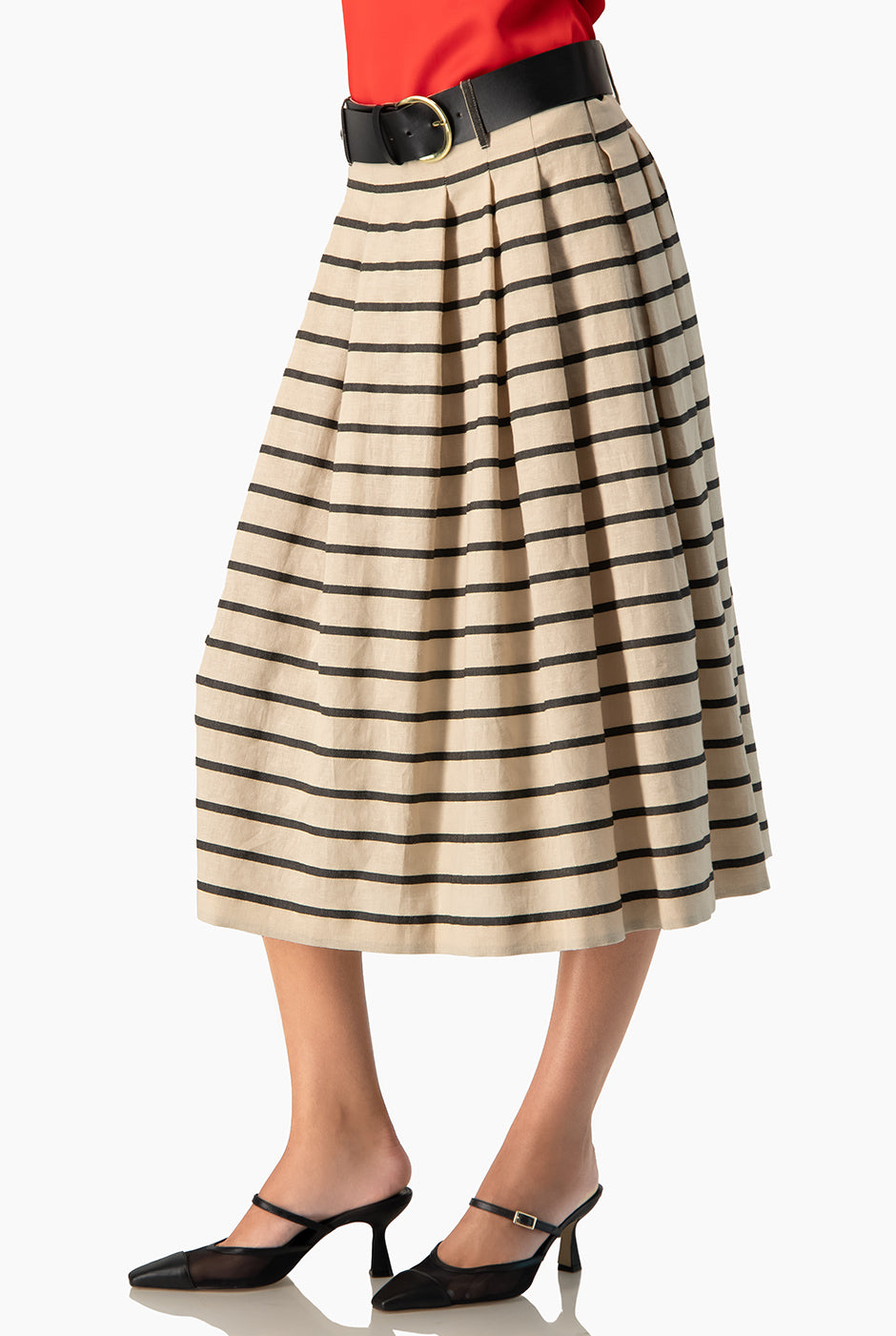 Falda midi beige con rayas y cinturón