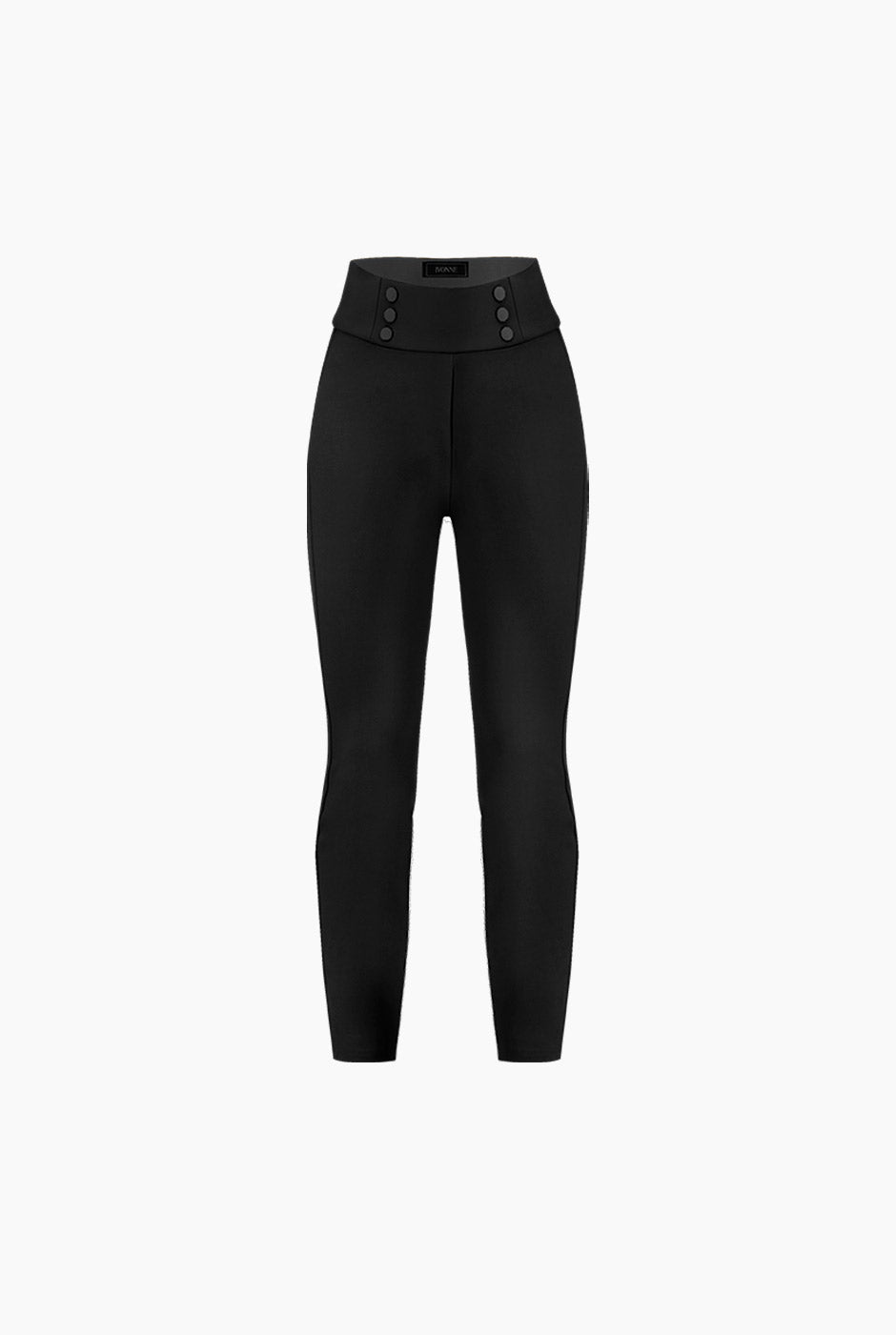 Pantalón slim negro con botones decorativos y pretina ancha