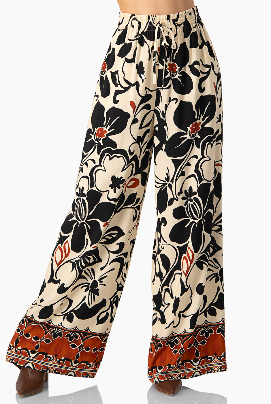 Pantalón estampado floral multicolor con bolsillos y cinta en cintura