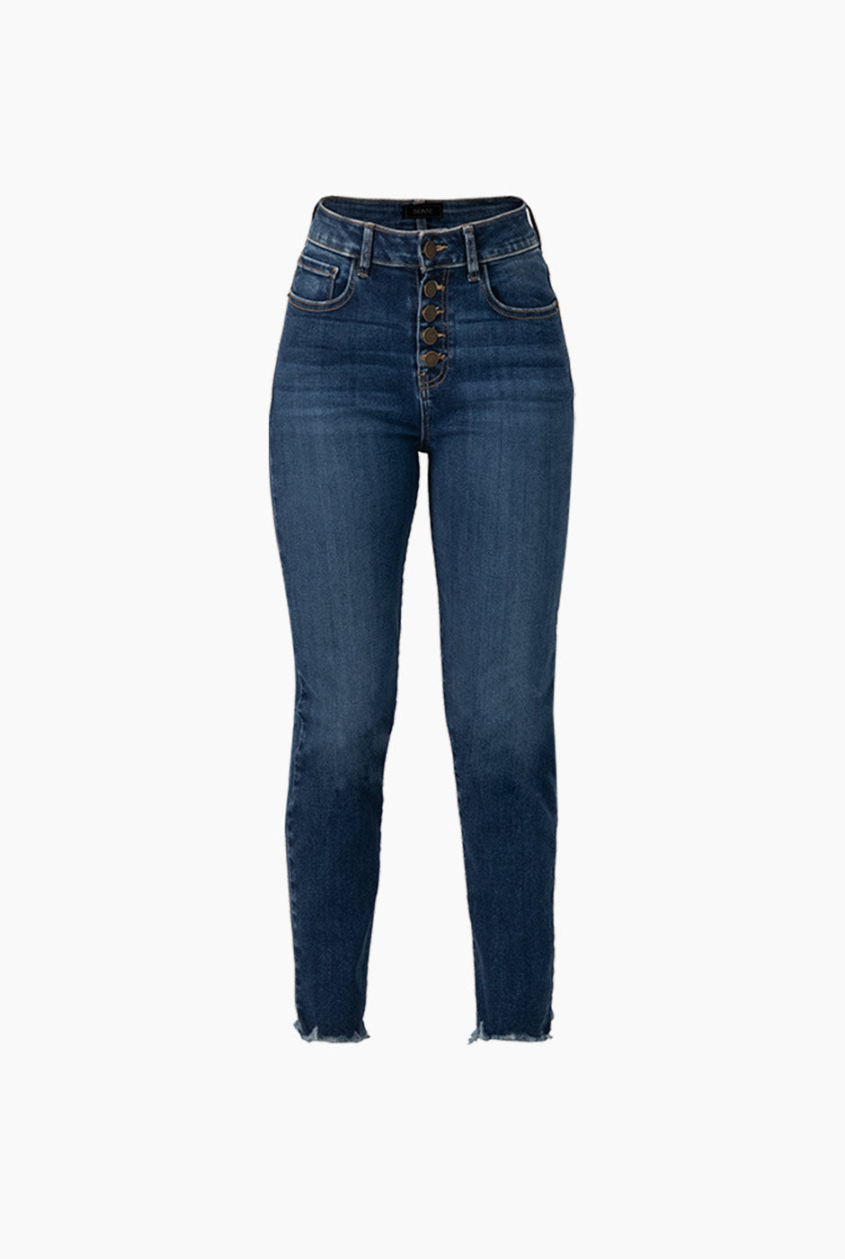 Jeans skinny azul con botones frontales y deshilachados