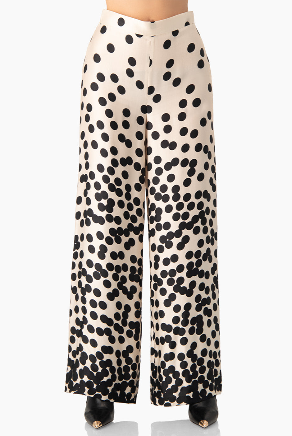 Pantalón palazzo con estampado de lunares en color natural, largo hasta el suelo