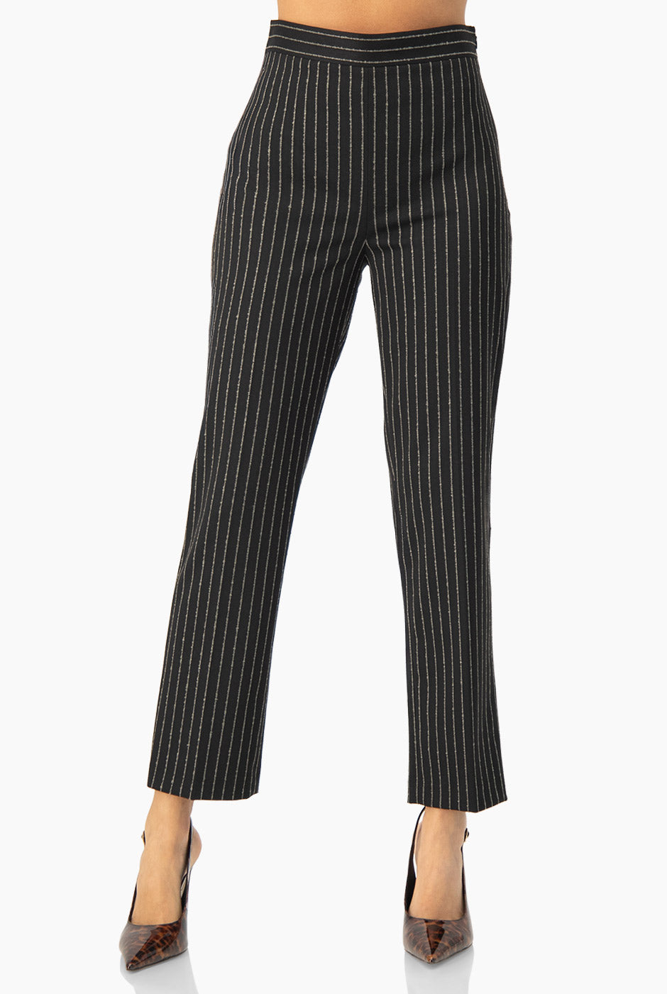 Pantalón recto negro con estampado de rayas verticales