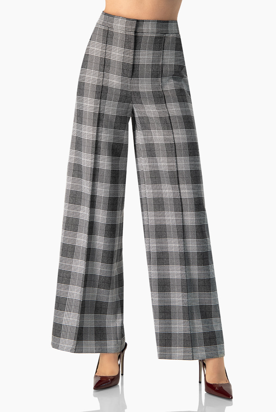 Pantalón recto negro con estampado de cuadros y bolsillos laterales