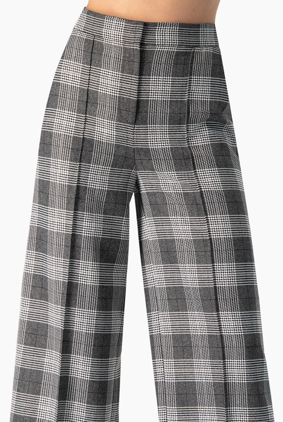 Pantalón recto negro con estampado de cuadros y bolsillos laterales