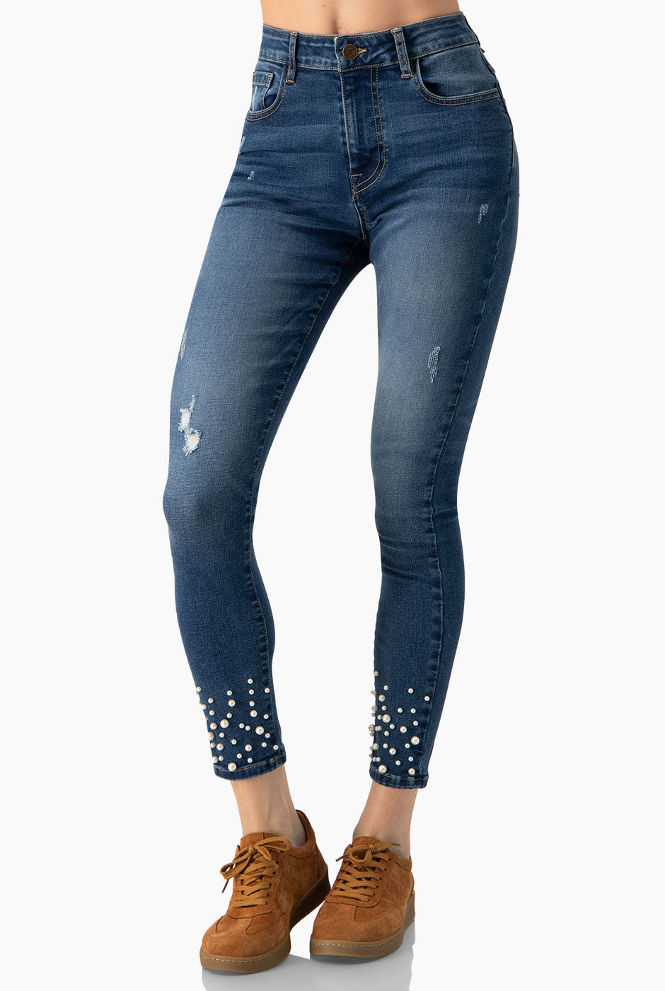 Jeans skinny azul con detalle de perlas en piernas
