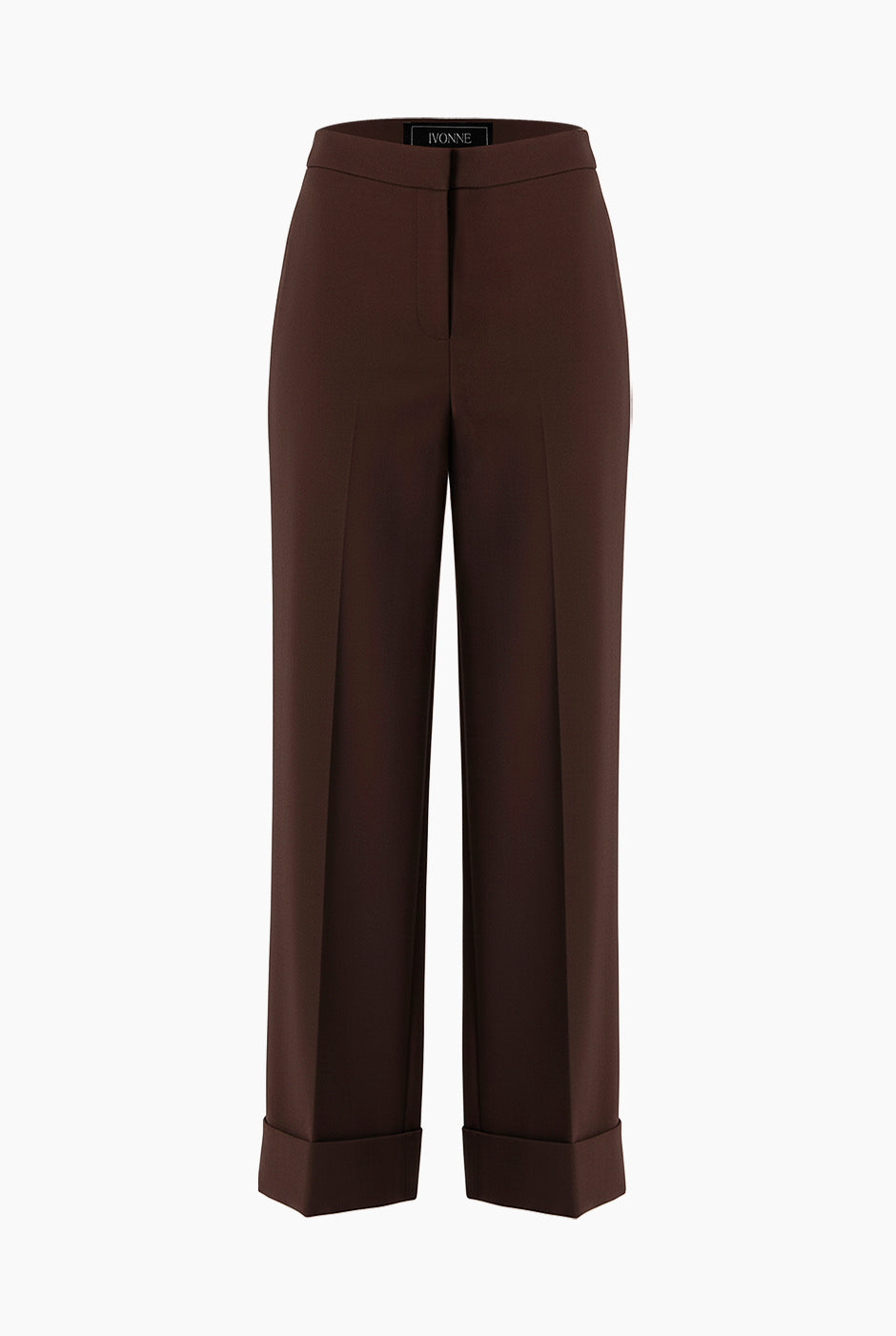 Pantalón recto café, dobladillo ancho, sin bolsillos